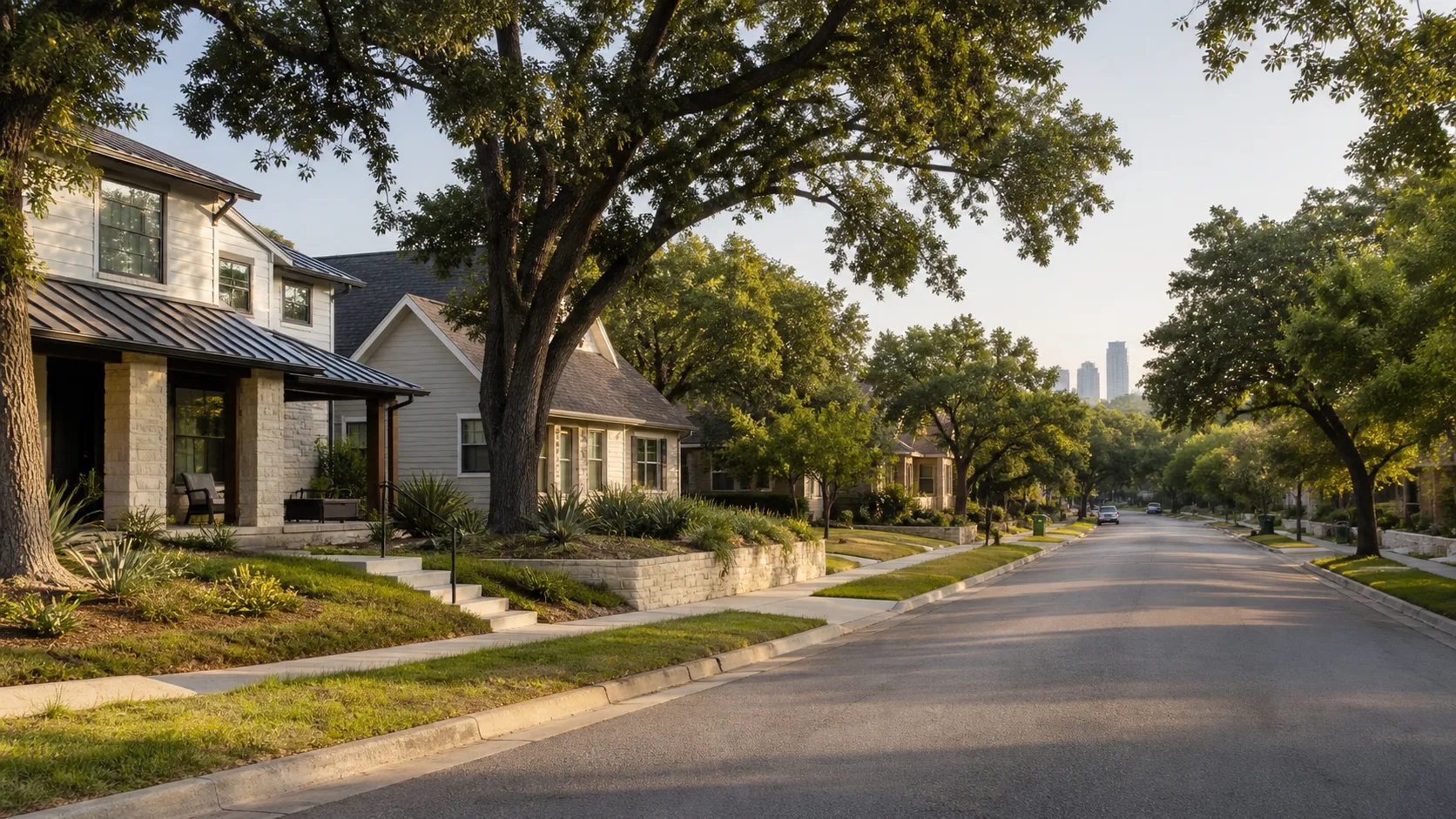 Tree-lined Austin neighborhood with Central Texas homes