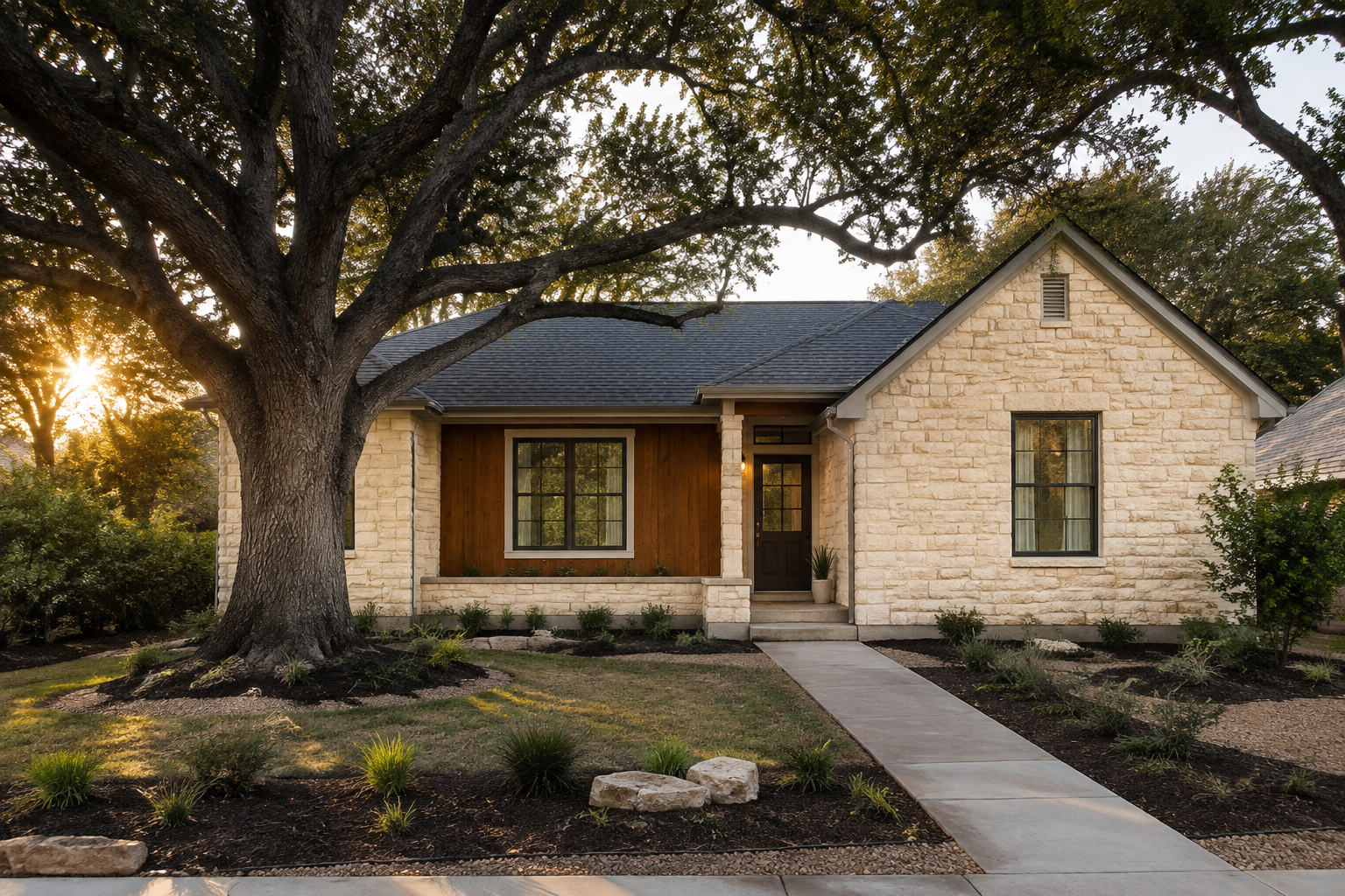 Illustrative Texas-style home with a limestone exterior and mature oak tree